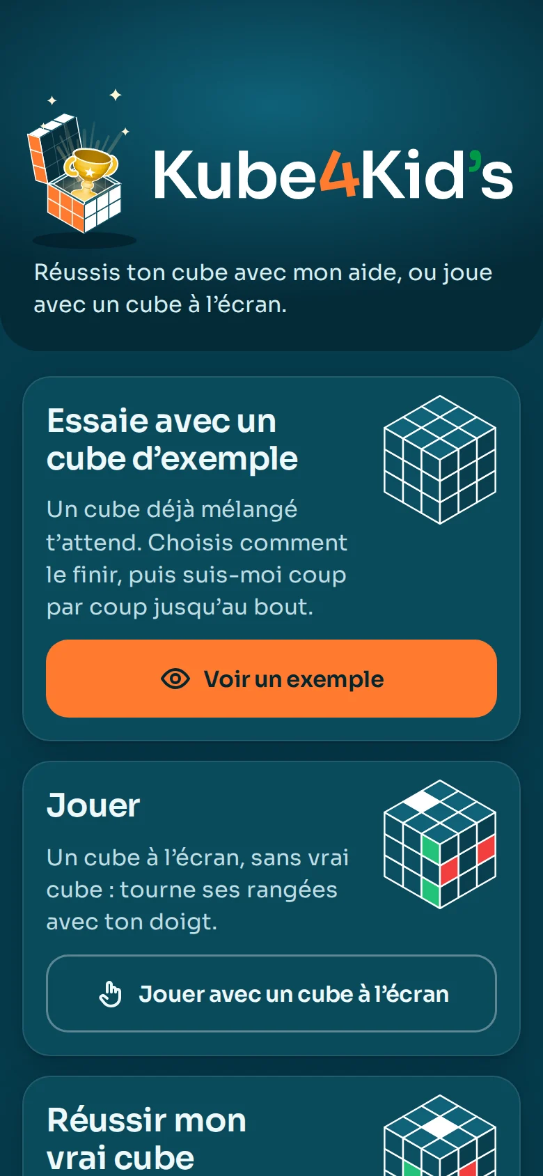L’essai en ligne : « Essaie avec un cube d’exemple » et « Jouer »